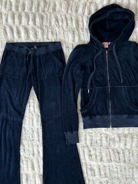 Y2K Vintage Juicy Couture Velour Tracksuit Set Made in USA Navy Blue